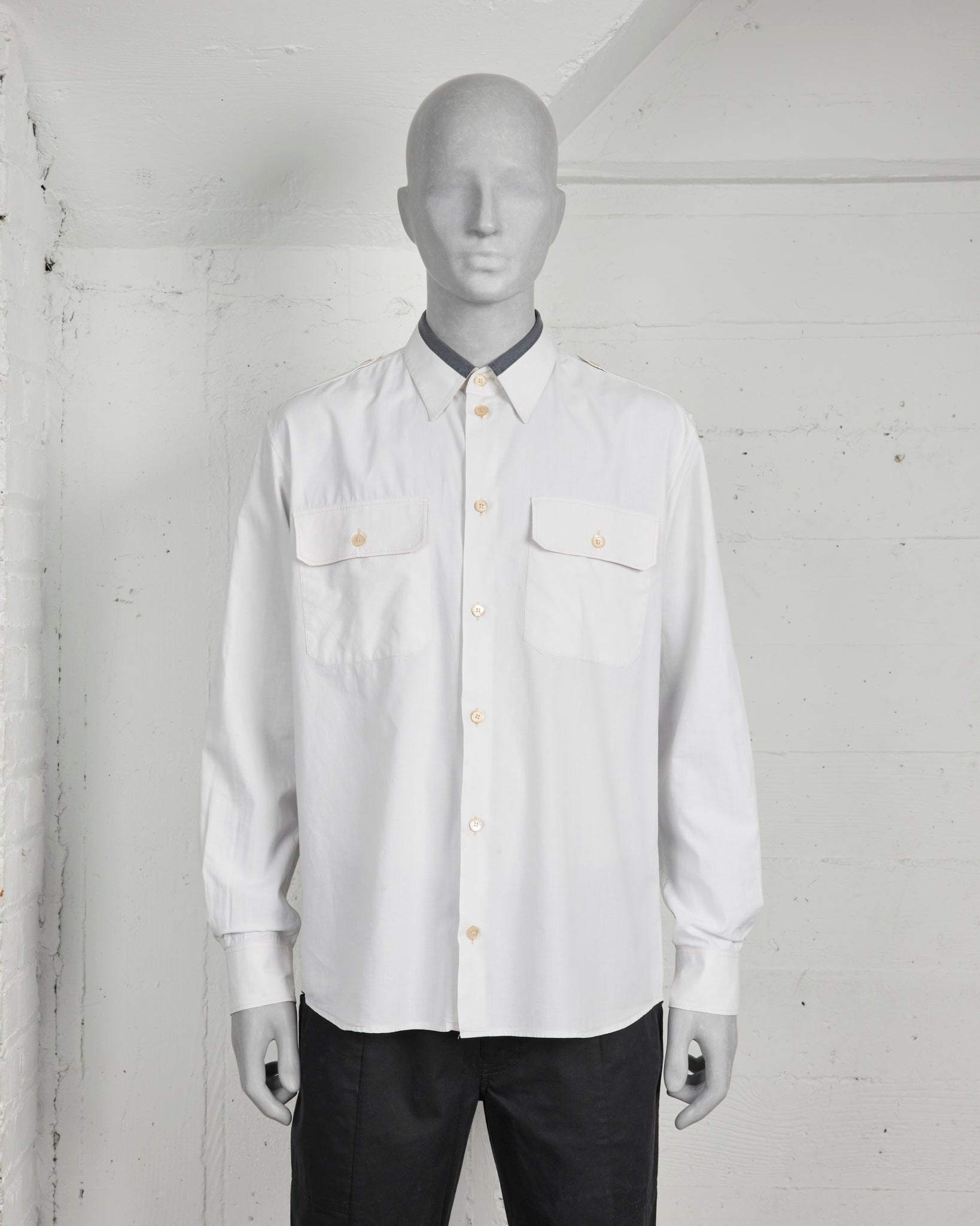 Helmut Lang White Military Shirt W/ Striped Collar - SS96