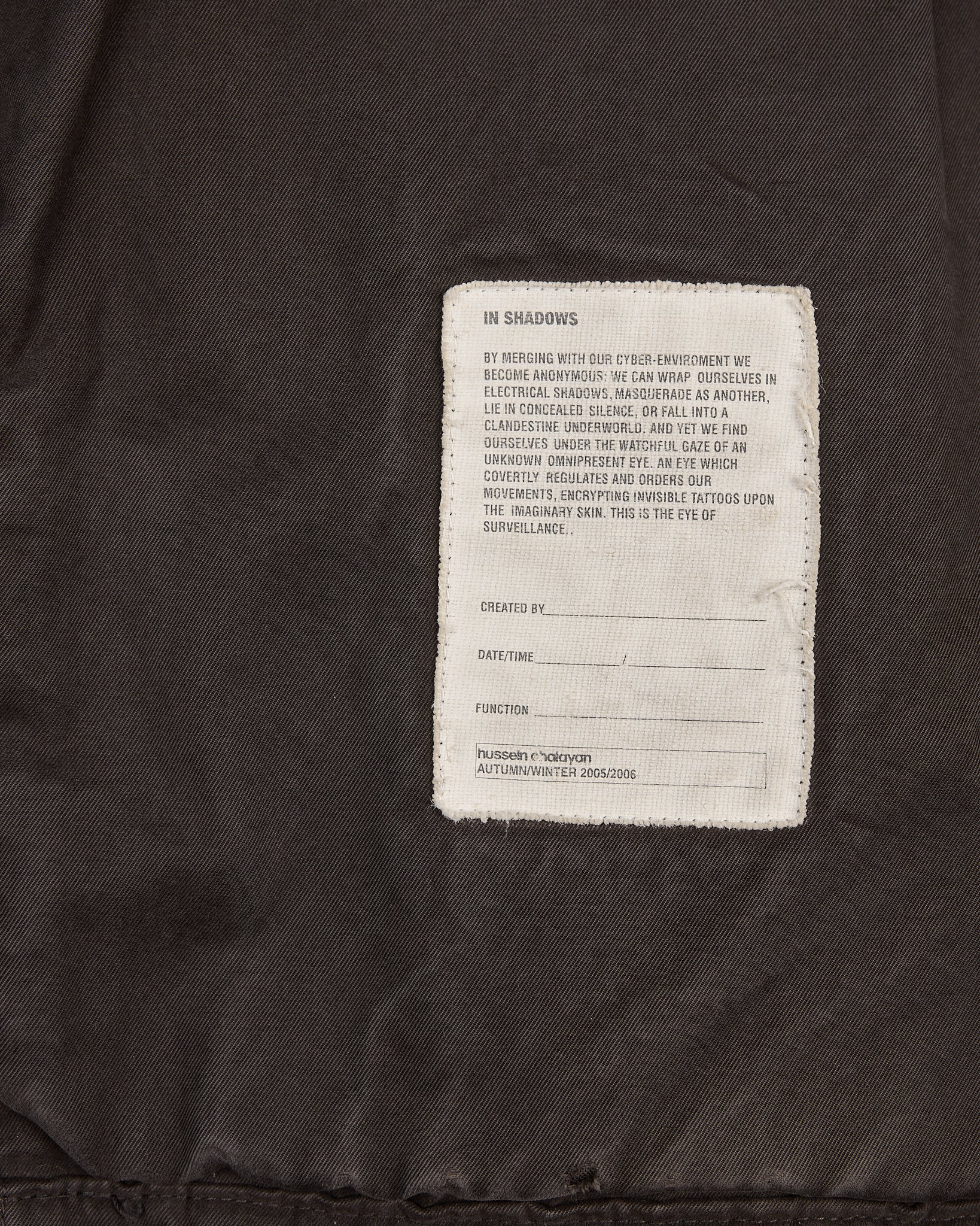 Hussein Chalayan Brown Field Jacket - AW05 "In Shadows" interior detail
