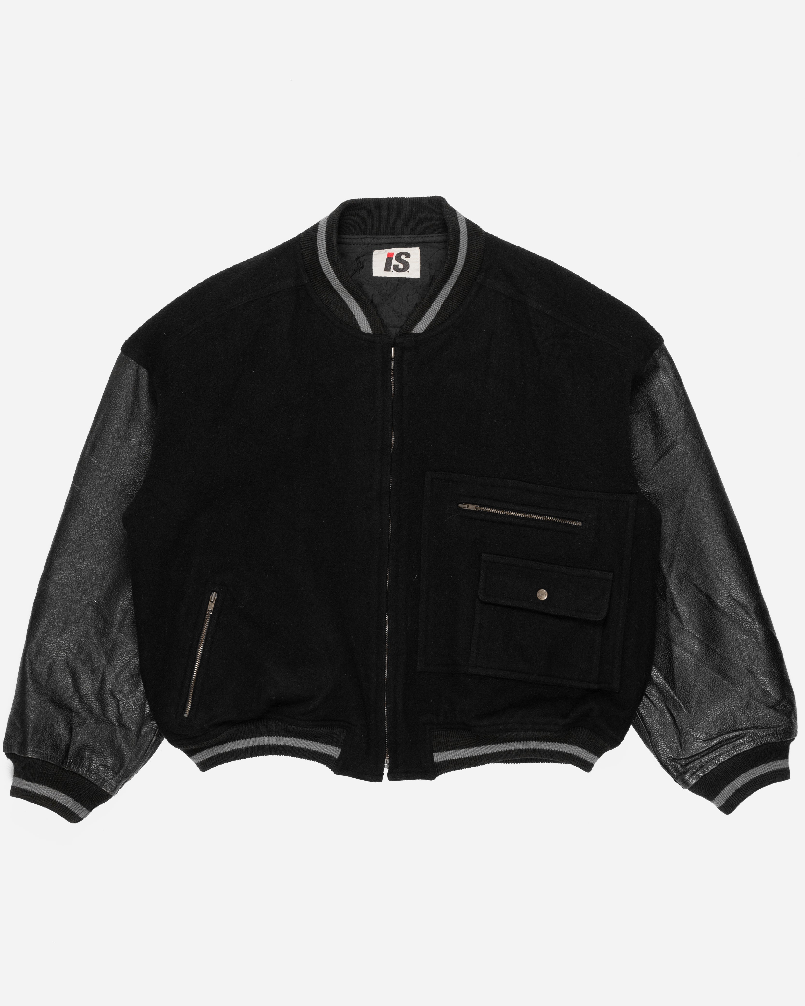 Issey Miyake Sport Black Leather Sleeve Varsity Jacket - 1980s