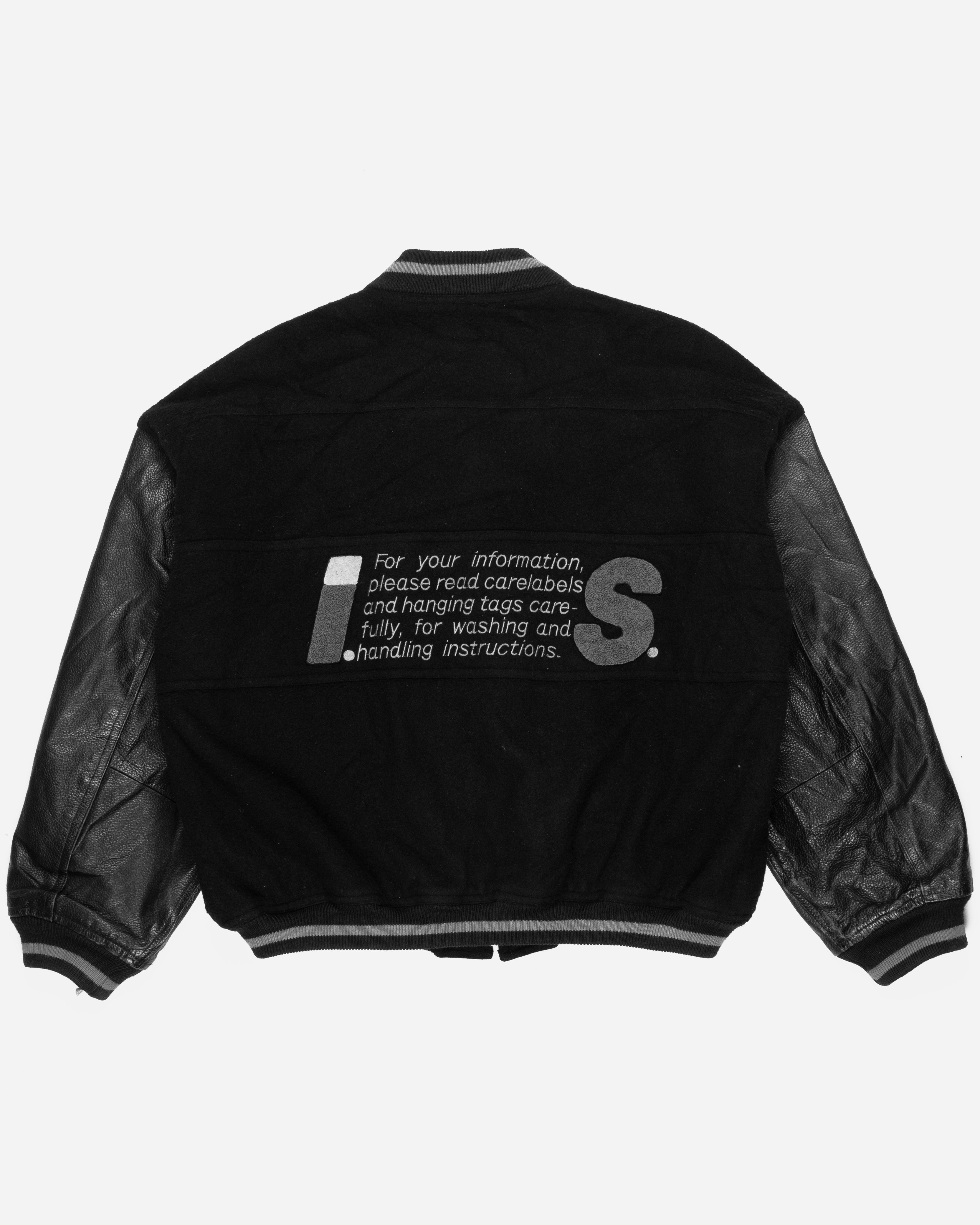 Issey Miyake Sport Black Leather Sleeve Varsity Jacket
