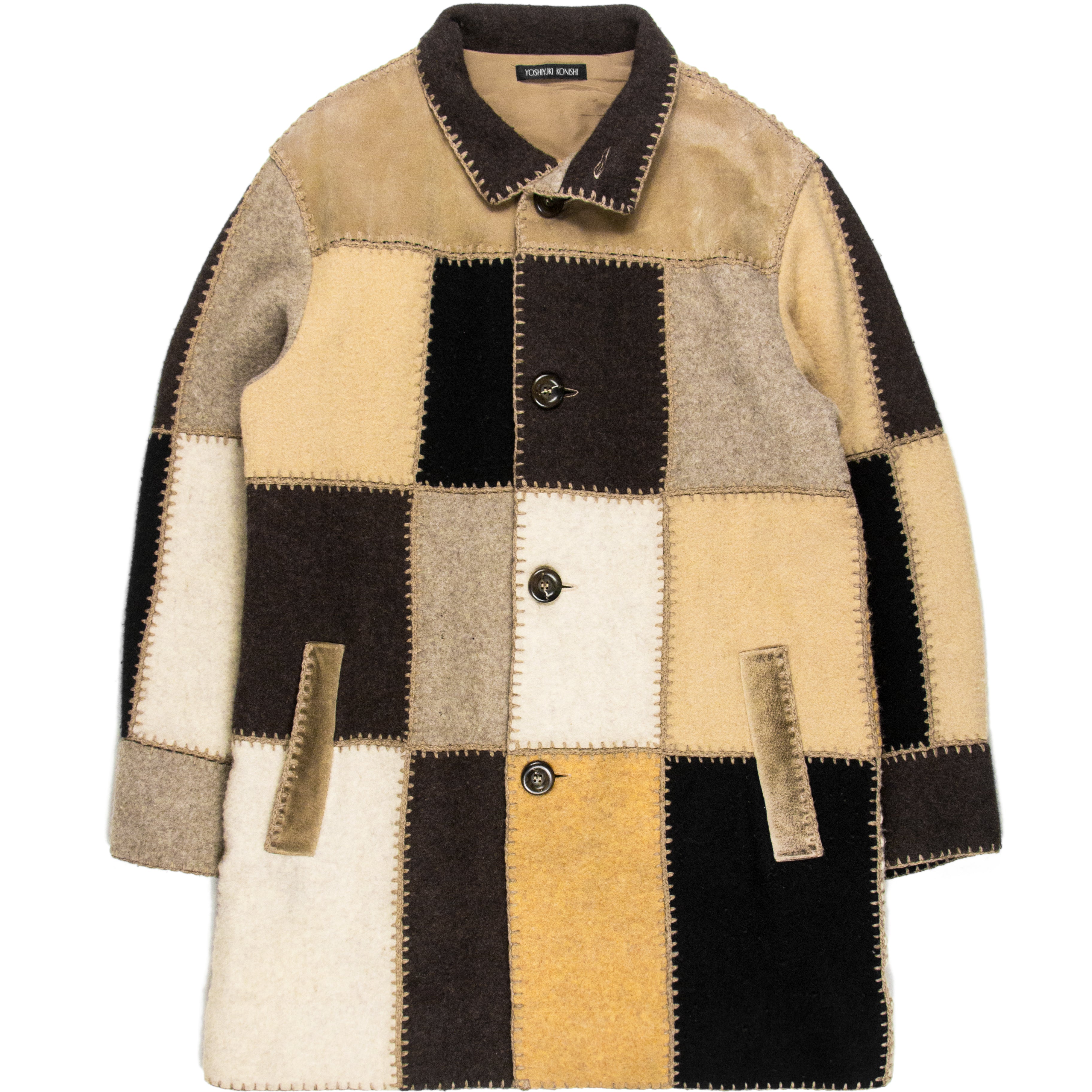 Yoshiyuki Konishi Wool & Leather Patchwork Coat - SILVER LEAGUE